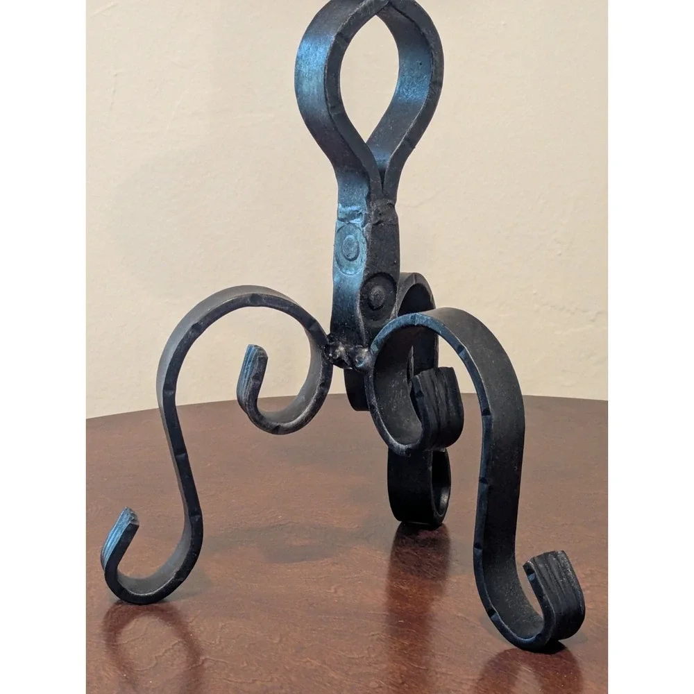VTG Hand-Forged Black Iron Candle Holder Substantial Weight Scroll Design 13